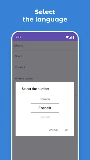 Language selection dialog in English Reading app offering German, French, and Spanish translation options for vocabulary building