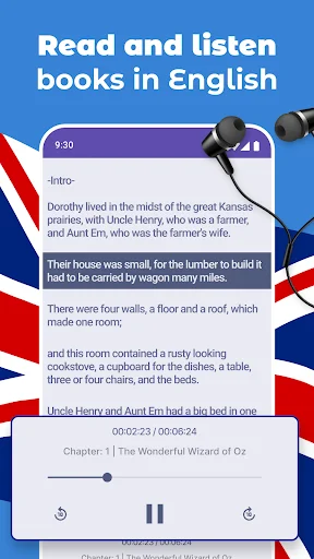 English Reading and Listening app main interface displaying Wizard of Oz story text with audio playback and learning controls