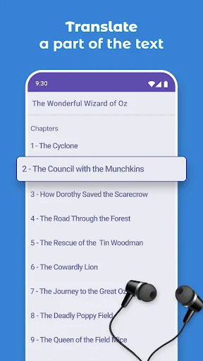 Chapter selection menu for Wizard of Oz with listening practice tools and audio learning interface for English students