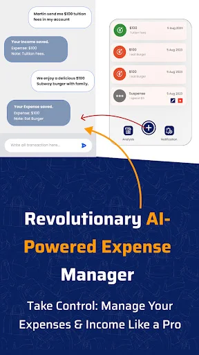 Pocket Money Manager app home screen showing AI-powered expense tracking with transaction list and budget overview