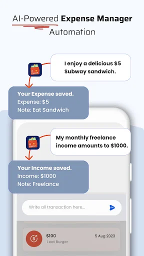 AI expense automation feature in Pocket Money Manager showing automatic categorization of food and income transactions