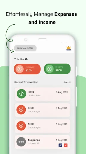 Monthly expense and income dashboard in Pocket Money Manager displaying $200 expenses and $800 income with recent transactions