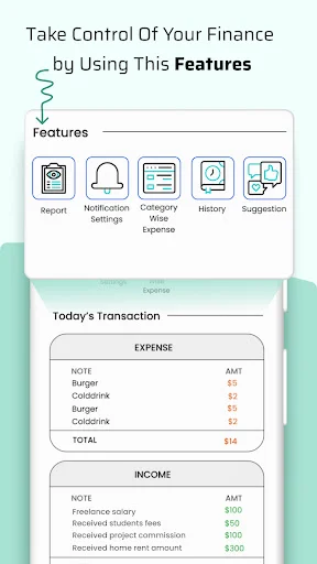 Pocket Money Manager features overview showing expense tracking tools, notifications, and daily transaction summary
