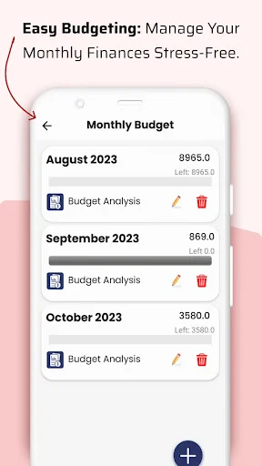 Monthly budget management screen in Pocket Money Manager showing August-October 2023 budget analysis and spending limits