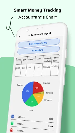 AI accountant report in Pocket Money Manager displaying expense pie chart, transaction table, and balance tracking