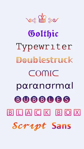 Fonts - Fancy Fonts Art app home screen showing stylish font examples like Gothic, Typewriter, Comic, and Script fonts