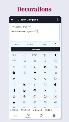 Decorations compose page with symbol templates including stars, flowers, animals, and icons for text customization