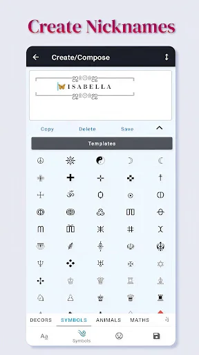 Create Nicknames feature with decorative symbol templates and palette for personalized stylish usernames