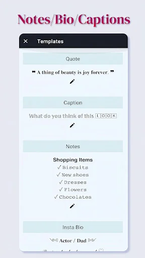 Templates section with Quote, Caption, Notes, and Instagram Bio stylish text layout examples