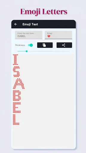 Emoji Letters text creator converting custom text into red heart emoji characters with thickness slider