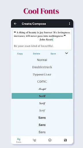 Cool Fonts screen in Fancy Fonts app with text editor showing various font styles like Normal, Doublestruck, and Script