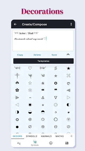 Decorations screen showing symbol templates and decorative elements for text customization in Fancy Fonts Art app