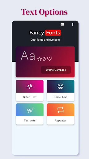 Text Options menu in Fancy Fonts app with Create/Compose, Glitch Text, Emoji Text, Text Arts, and Repeater features