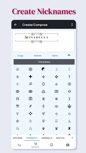Create Nicknames screen with decorated ISABELLA text and symbol templates for personalized text styling