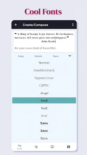 Cool Fonts compose interface with font selection dropdown menu showing stylish text styling options