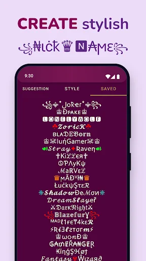 Nickname Maker app home screen showing stylish name suggestions like Joker, Drake, BladeStorm with colorful fonts and decorative symbols