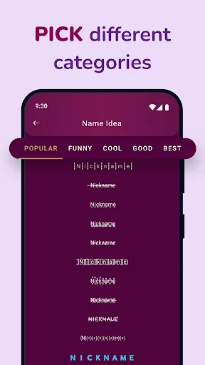 Category filter showing POPULAR, FUNNY, COOL, GOOD, BEST tabs with a list of stylized nickname suggestions