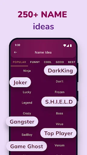 Name generator app displaying 250+ nickname ideas including DarkKing, Joker, Gangster with category tabs for popular, funny, cool names