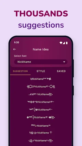 Nickname app style selection screen showing thousands of font suggestions with decorative symbols and text styling options for names