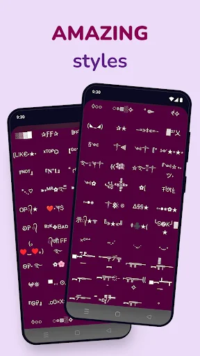 Amazing font styles feature in nickname generator showing multiple phone screens with various decorative text styles and symbols