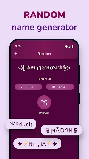 Random name generator screen displaying stylized nicknames like KinGGaMzSt with length counter, edit and save buttons for customization