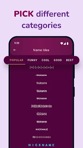 Nickname category picker showing popular, funny, cool, good, best tabs with various generated name suggestions for personalization