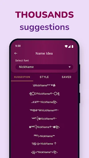 Font selector dropdown and thousands of nickname suggestions with various text styling and decoration options