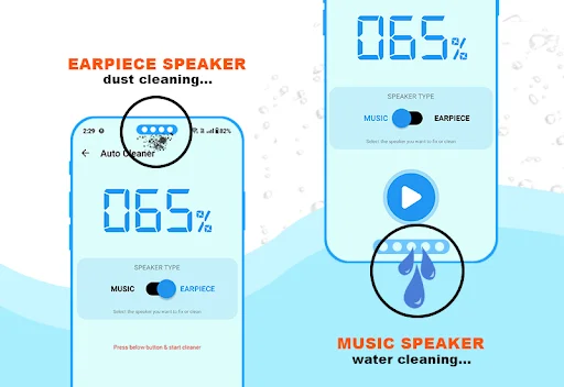 Speaker cleaning interface displaying 065% progress with earpiece dust cleaning and music speaker water removal options