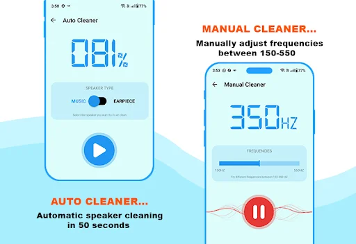 Auto cleaner showing 081% completion and manual cleaner with 350Hz frequency adjustment for speaker repair and sound boost