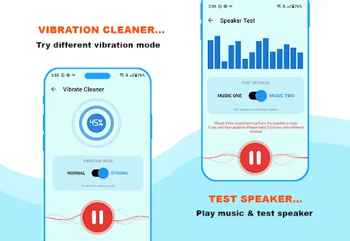 Vibration cleaner with normal/strong modes and speaker test displaying audio frequency graph for troubleshooting sound issues