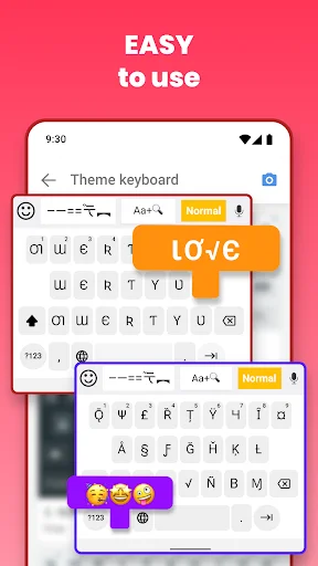 Keyboard theme interface showing easy font switching and custom text styling options for personalized mobile typing
