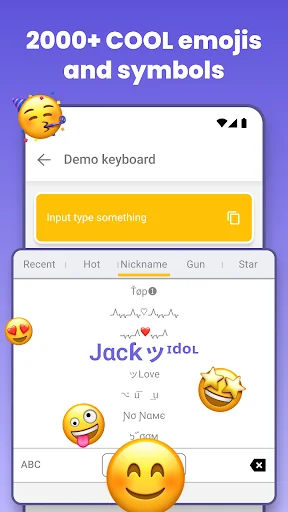Demo keyboard interface displaying 2000+ cool emojis and symbols including hearts, stars and decorative text characters