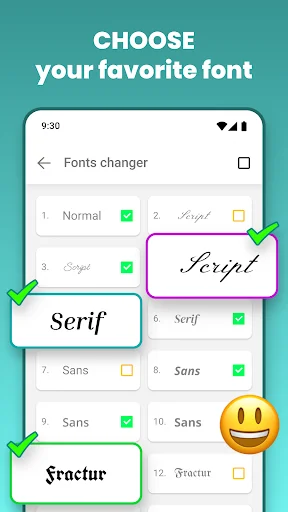Font selection screen showing various typeface options like Script, Serif and Sans fonts for customizing keyboard text style