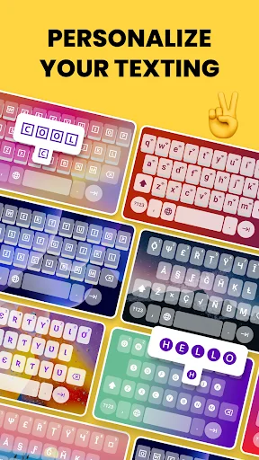 Fonts Keyboard personalization interface with multiple colorful keyboard themes for customizing mobile typing experience