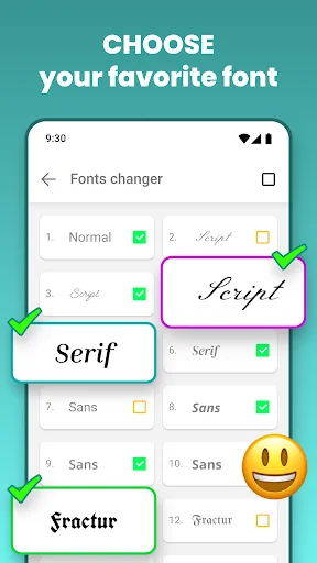 Font customization menu displaying typeface choices including Script, Serif and decorative fonts for keyboard styling