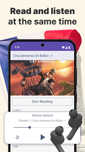 French Reading and Listening app main screen showing 'Cinq Semaines En Ballon' story with Start Reading button and audio controls