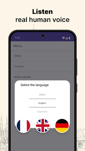 Multi-language French learning app settings with language selection including French, British, and German flag options
