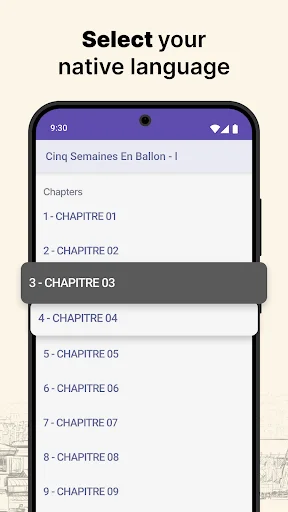 French learning app chapter selection screen displaying 9 chapters of 'Cinq Semaines En Ballon' story for structured reading
