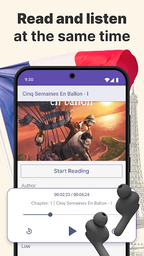 French Reading and Listening app home screen featuring adventure story with simultaneous read and listen functionality