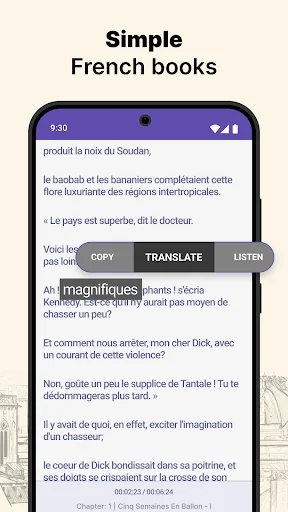 Educational French app text interface with interactive Copy, Translate, Listen buttons for vocabulary building and comprehension