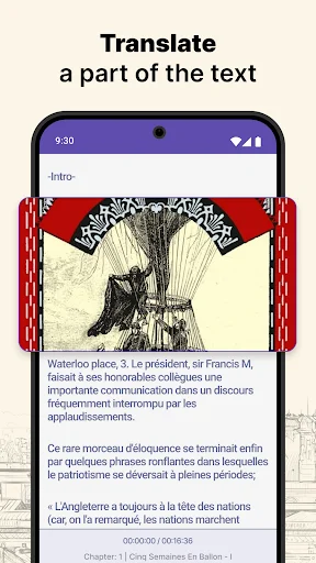 French language app translation tool displaying classic literature text with chapter progress tracking at bottom