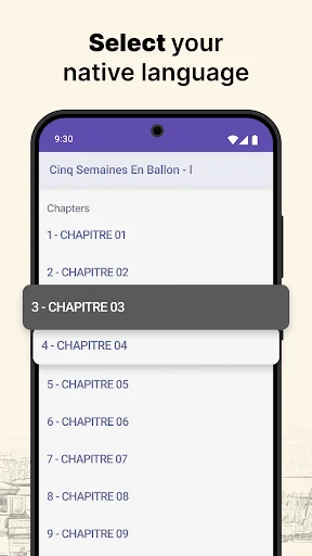 French reading app chapter menu showing numbered chapters 1-9 for organized learning progression and story navigation