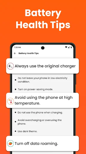 Battery Health Tips screen displaying advice for optimal charging and battery care in Full Battery Alarm app
