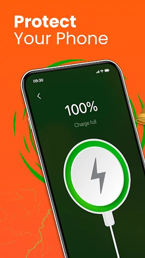 Protect Your Phone screen showing 100% charge full status with lightning bolt icon in battery alarm app