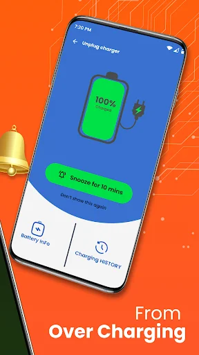 Unplug charger alert screen with full battery animation protecting phone from overcharging damage