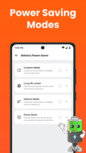 Power Saving Modes menu with custom, long life, classic, and sleep mode options for battery optimization