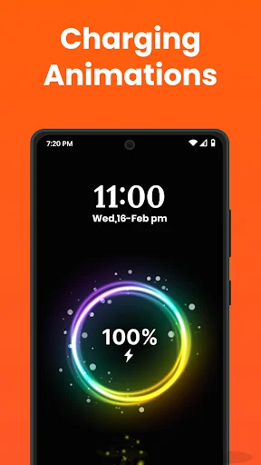 Charging Animations screen displaying colorful glowing ring animation around 100% battery indicator at 11:00