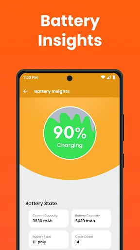 Battery Insights showing 90% charging status with current capacity 3850 mAh and battery type details
