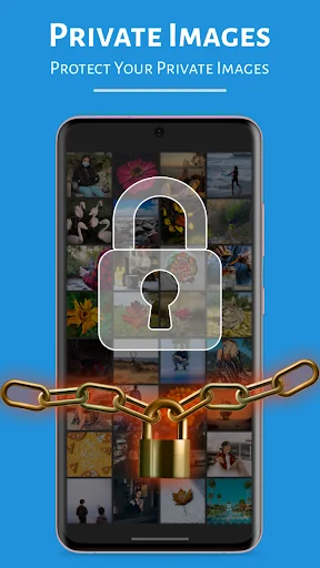 Photo Vault app private image protection screen showing locked photo gallery with padlock chain security icons