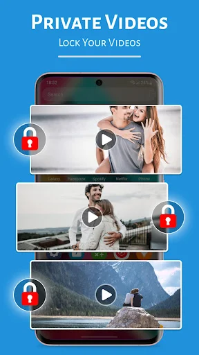 Secure video storage interface displaying locked personal videos with red padlock icons for privacy protection